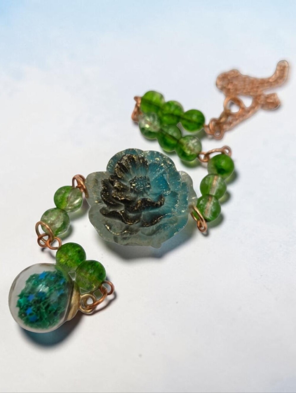 Handmade Green & Blue Floral Pendant Car Charm Rearview Mirror Hanging Decor